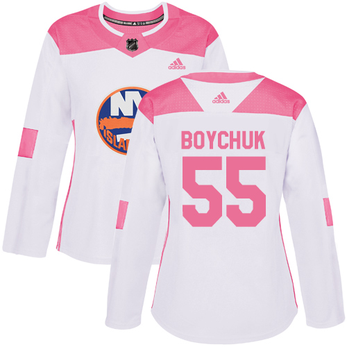 Adidas Islanders #55 Johnny Boychuk White/Pink Authentic Fashion Women's Stitched NHL Jersey - Click Image to Close